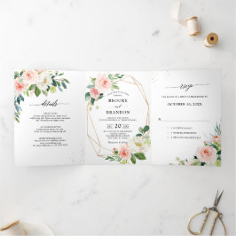 Pastel Blush Hübsch Pink Botanische Hochzeit mit f Dreifach Gefaltete Ankündigung