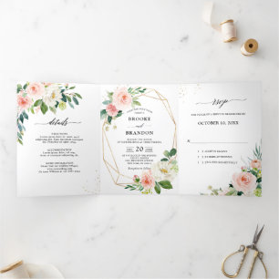 Pastel Blush Hübsch Pink Botanische Hochzeit mit f Dreifach Gefaltete Ankündigung