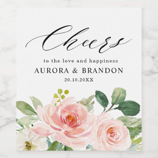 Pastel Blush Hübsch Pink Botanische Hochzeit mit f Weinetikett (Einzelnes Label)
