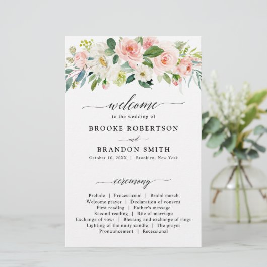 Pastel Blush Hübsch Pink Botanisches Hochzeitsprog (Stehend Vorderseite)