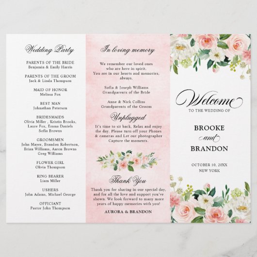 Pastel Blush Hübsch Pink Floral Wedding Programm (Vorderseite)