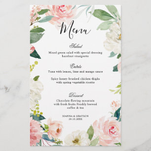 Pastel Blush Hübsches Botanisches Hochzeitsmenü