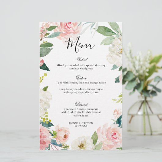 Pastel Blush Hübsches Botanisches Hochzeitsmenü (Stehend Vorderseite)