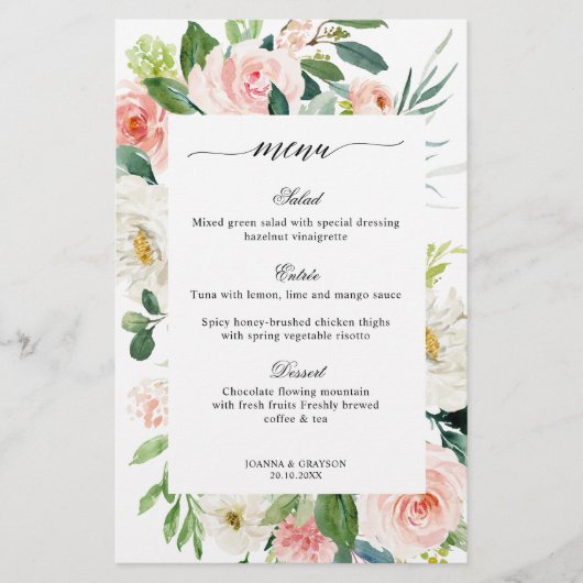 Pastel Blush Hübsches Botanisches Hochzeitsmenü (Vorderseite)