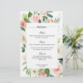 Pastel Blush Hübsches Botanisches Hochzeitsmenü (Stehend Vorderseite)