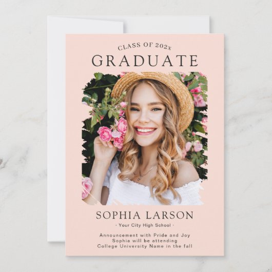 Pastel Blush Navy Brush Stroke Foto Abschluss Ankündigung (Vorderseite)