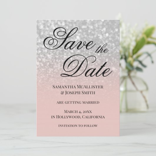 Pastel Blush Ombre Silver Glitzer Save the Date Einladung (Stehend Vorderseite)