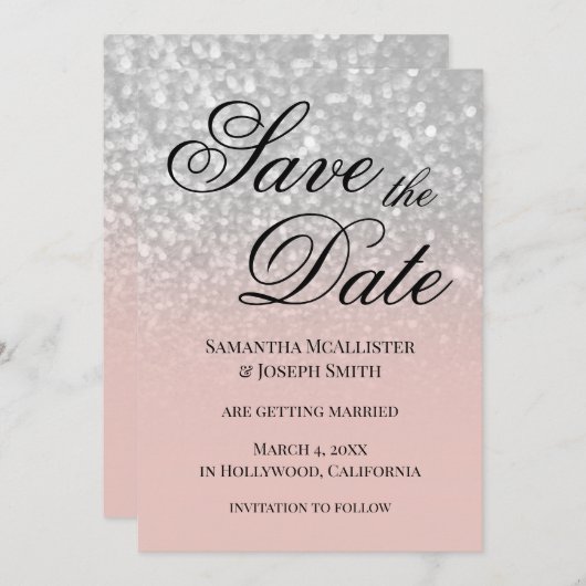 Pastel Blush Ombre Silver Glitzer Save the Date Einladung (Vorne/Hinten)