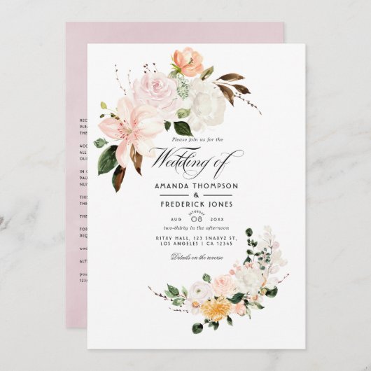 Pastel Blush Pink Bloral Wedding Einladung (Vorne/Hinten)