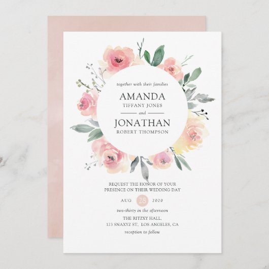 Pastel Blush Pink Bloral Wedding Einladung (Vorne/Hinten)