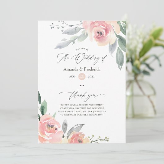 Pastel Blush Pink Bloral Wedding Programm (Stehend Vorderseite)