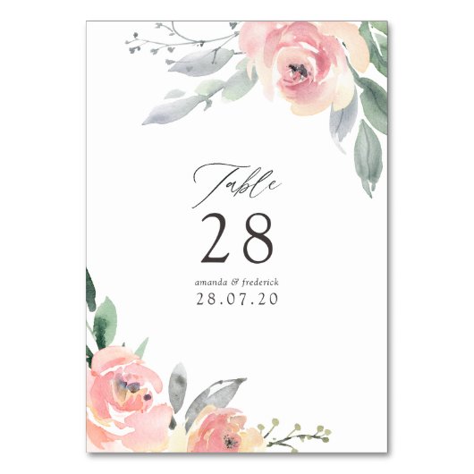 Pastel Blush Pink Bloral Wedding Tischnummer (Rückseite)