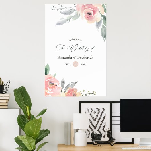 Pastel Blush Pink Blues Hochzeit Willkommen Poster (Heimbüro)