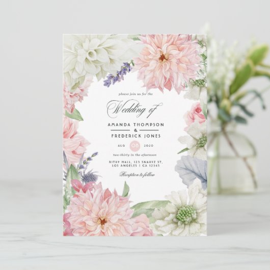 Pastel Blush Pink Dahlia Hochzeit Einladung (Stehend Vorderseite)