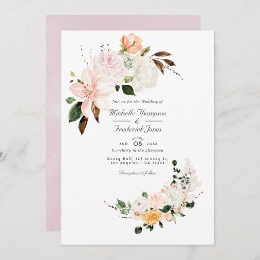 Pastel Blush Pink Floral QR Code UAWG Wedding Einladung (Vorne/Hinten)