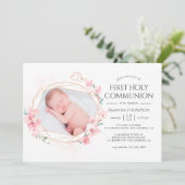 Pastel Blush Pink Geometric Floral Heilige Kommuni Einladung (Stehend Vorderseite)