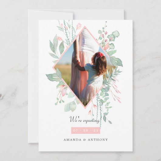 Pastel Blush Pink und Grünes Foto Schwangerschaft Ankündigung (Vorderseite)