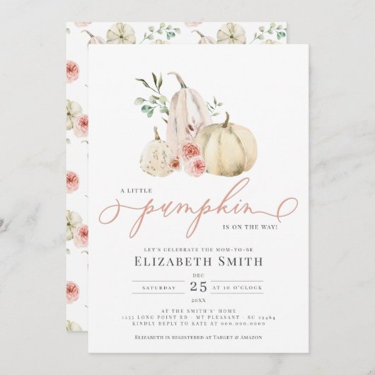 Pastel Blush Pumpkin Greenery Floral Wasserfarbe Einladung (Vorne/Hinten)