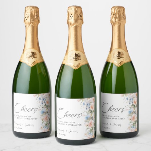 Pastel Blush White Blue Floral Cheers Wedding Schaumweinetikett (Flaschen)