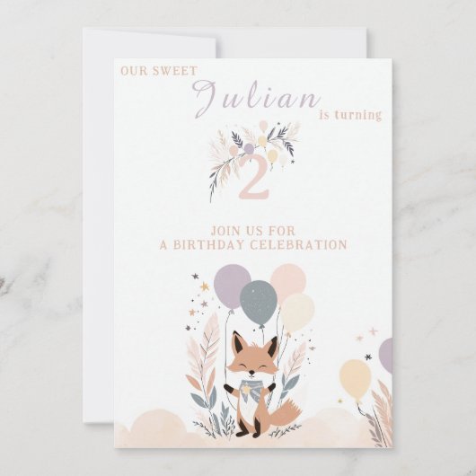 Pastel Boho Baby Fox und Balloons Geburtstag Einladung (Vorderseite)