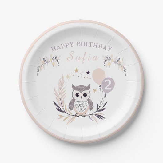 Pastel Boho Baby Owl und Balloons Geburtstag Pappteller (Vorderseite)