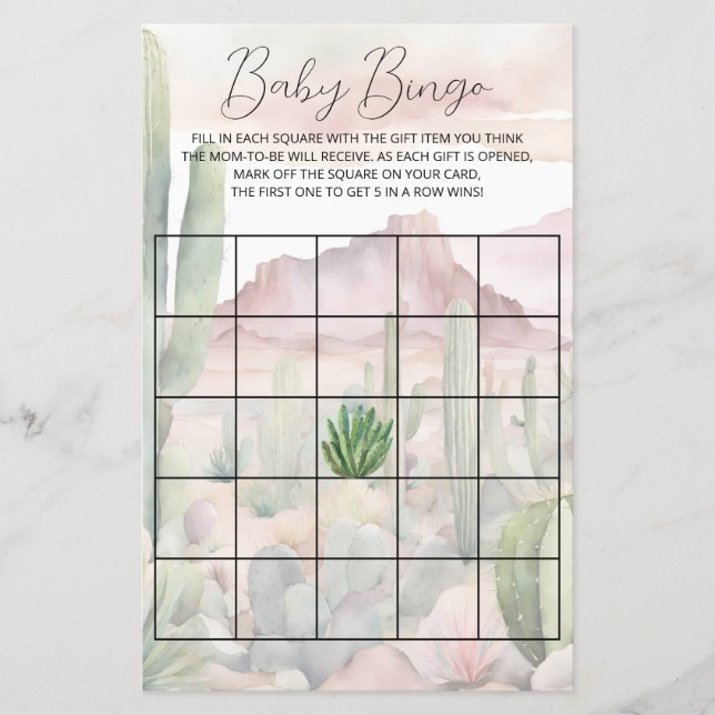 Pastel Boho Desert Cactus Baby Shower Bingo Game (Vorderseite)