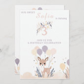 Pastel Boho Fawn und Balloons Geburtstag Einladung (Vorne/Hinten)