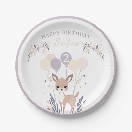 Pastel Boho Fawn und Balloons Geburtstag Pappteller (Vorderseite)