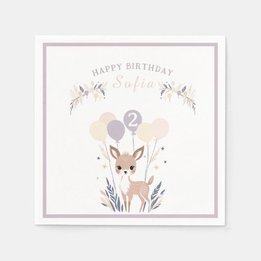 Pastel Boho Fawn und Balloons Geburtstag Serviette (Vorderseite)