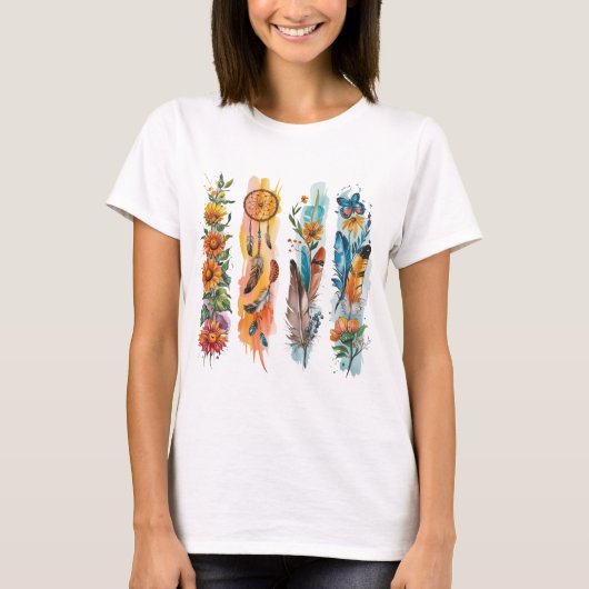 PASTEL BOHO FEATHERS AND YELLOW SUNFLOWERS T-Shirt (Vorderseite)
