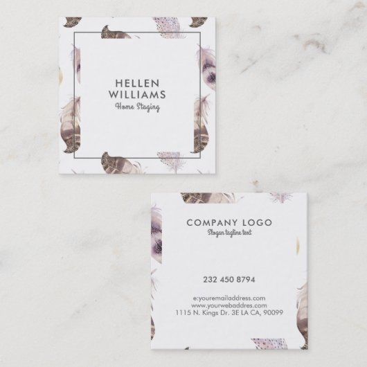 Pastel boho Feathpattern Quadratische Visitenkarte (Vorne/Hinten)