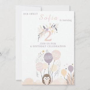 Pastel Boho Igel und Balloons Geburtstag Einladung
