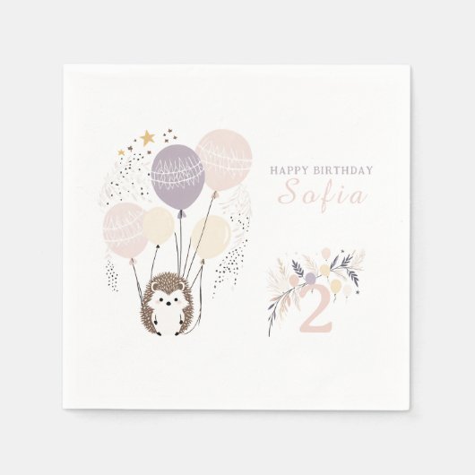 Pastel Boho Igel und Balloons Geburtstag Serviette (Vorderseite)