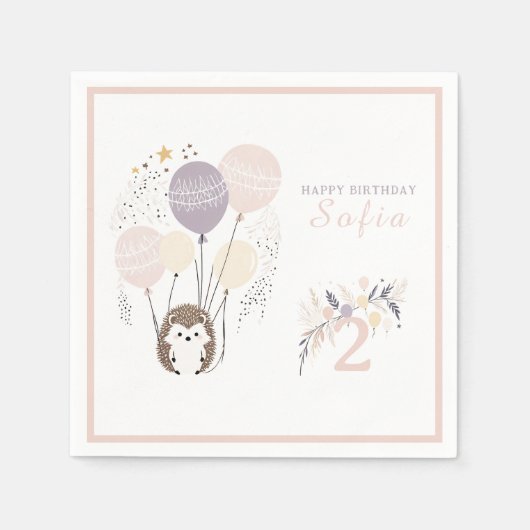 Pastel Boho Igel und Balloons Geburtstag Serviette (Vorderseite)