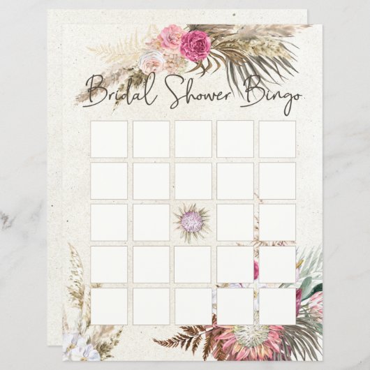 Pastel Boho Neutral Floral Brautparty Bingo (Vorne/Hinten)