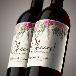 Pastel Boho Neutral Floral Wedding Wine Label Weinetikett