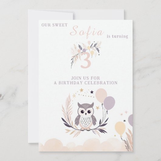 Pastel Boho Owl und Balloons Geburtstag Einladung (Vorderseite)