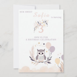 Pastel Boho Owl und Balloons Geburtstag Einladung