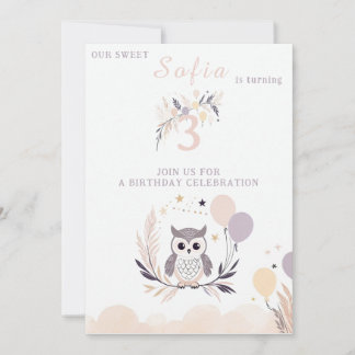 Pastel Boho Owl und Balloons Geburtstag Einladung