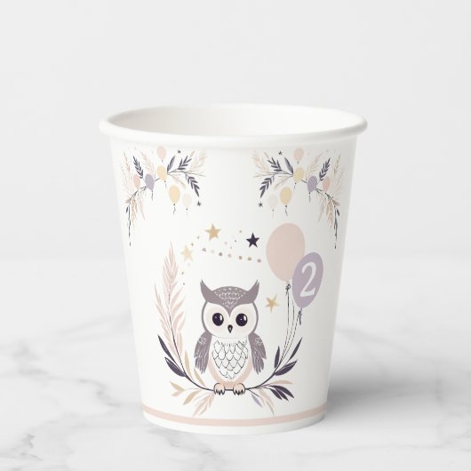 Pastel Boho Owl und Balloons Geburtstag Pappbecher (Vorderseite)
