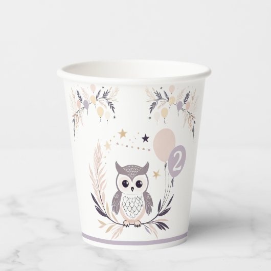 Pastel Boho Owl und Balloons Geburtstag Pappbecher (Vorderseite)