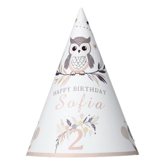 Pastel Boho Owl und Balloons Geburtstag Partyhütchen (Vorderseite)