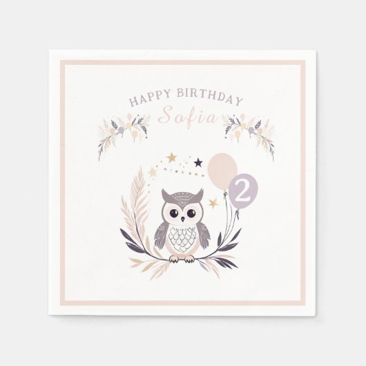 Pastel Boho Owl und Balloons Geburtstag Serviette (Vorderseite)