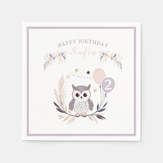 Pastel Boho Owl und Balloons Geburtstag Serviette (Vorderseite)