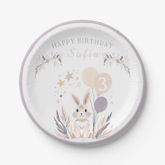 Pastel Boho Rabbit und Balloons Geburtstag Pappteller (Vorderseite)