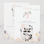 Pastel Boho Raccoon und Balloons Geburtstag Einladung (Vorne/Hinten)