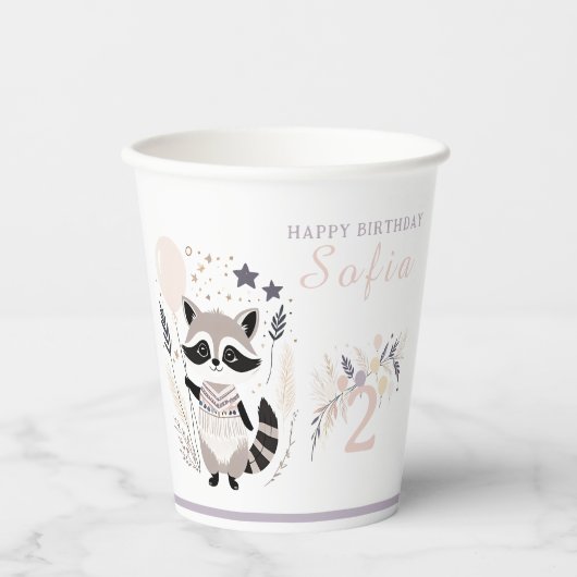 Pastel Boho Raccoon und Balloons Geburtstag Pappbecher (Vorderseite)