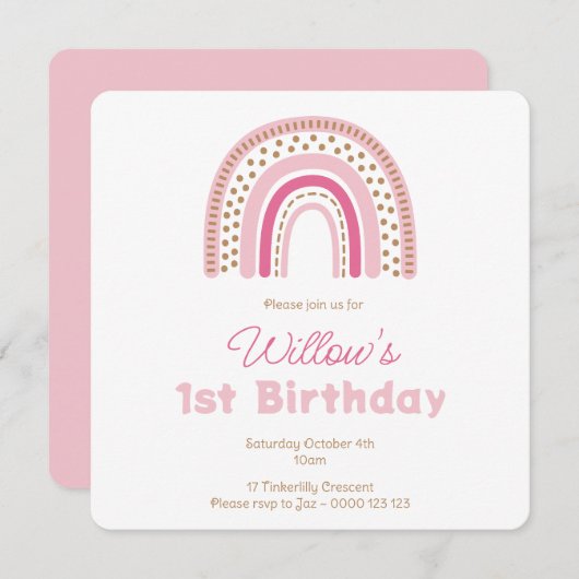 Pastel Boho Rainbow Minimalistisch Girl 1. Geburts Einladung (Vorne/Hinten)