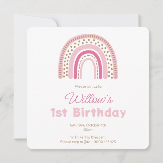 Pastel Boho Rainbow Minimalistisch Girl 1. Geburts Einladung (Vorderseite)