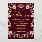 Pastel Boho Wildblume Rustic Burgundy Wedding Folieneinladung (Vorderseite)